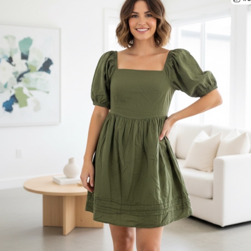 Princess Highway ModCloth 100% Cotton Liv Puff Sleeve Mini Dress Olive Green